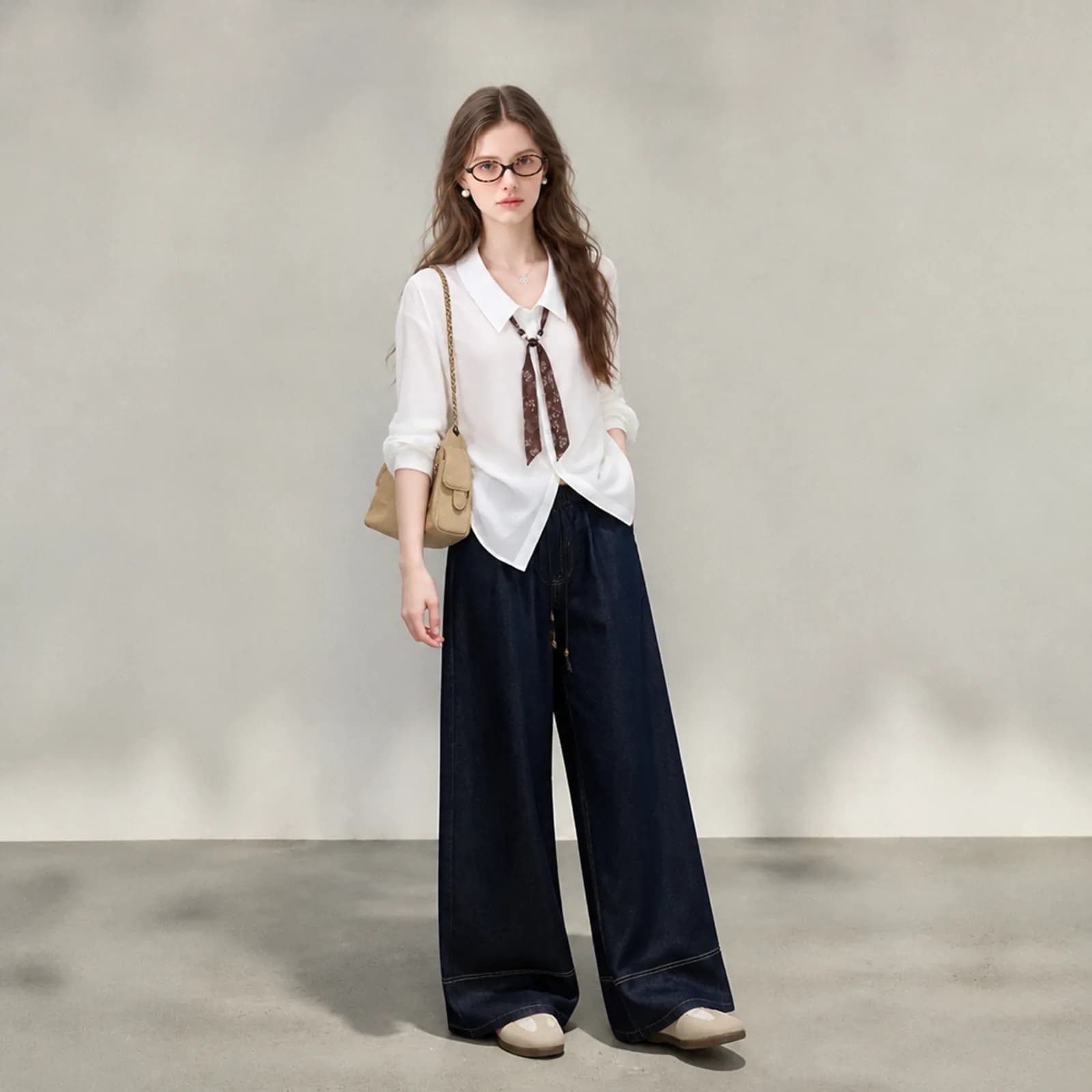 AI clothing photo of a white collared shirt with a scarf tie and indigo jeans