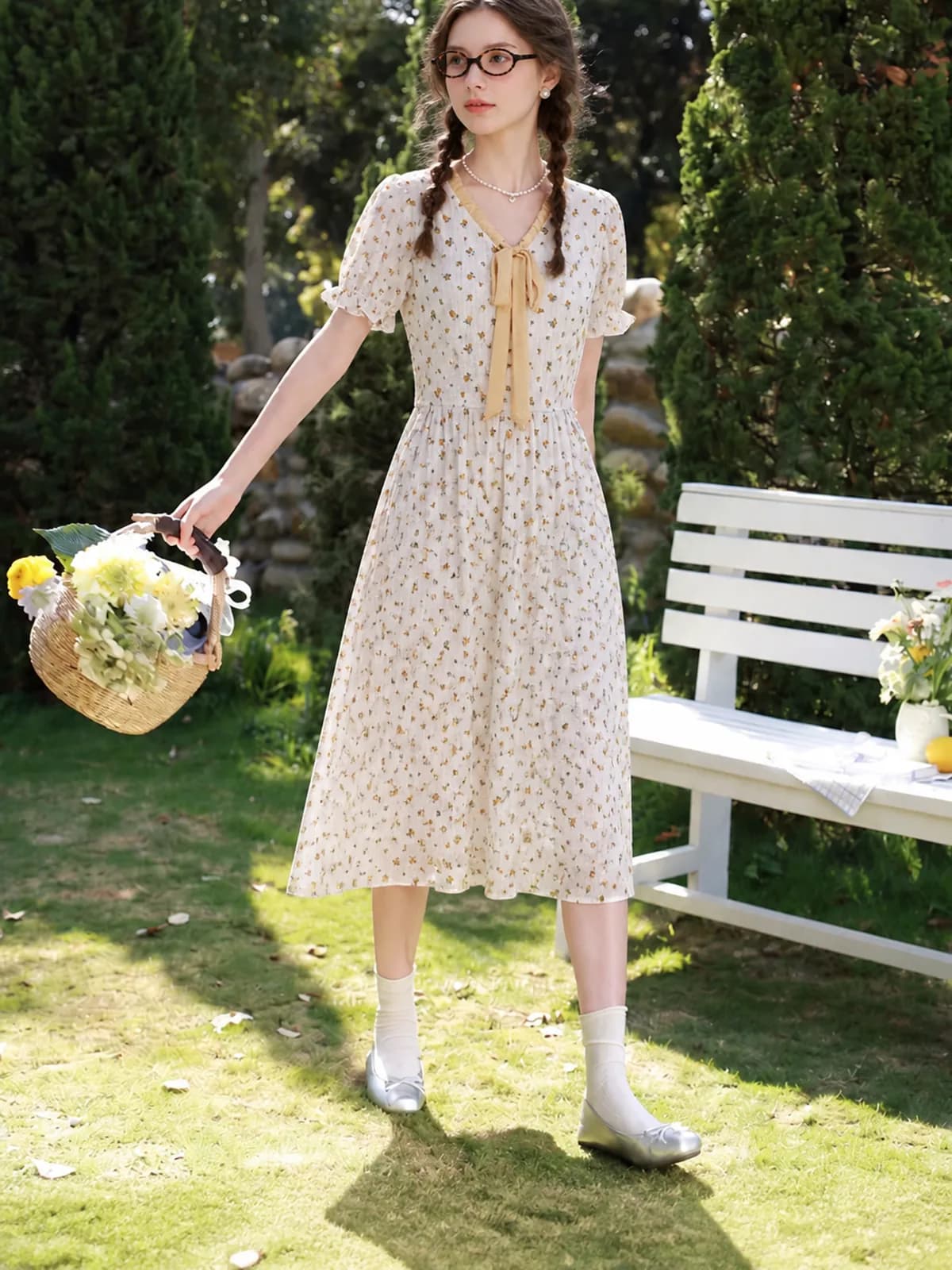 AI photoshoot frame of a cream dress with mustard florals in a garden