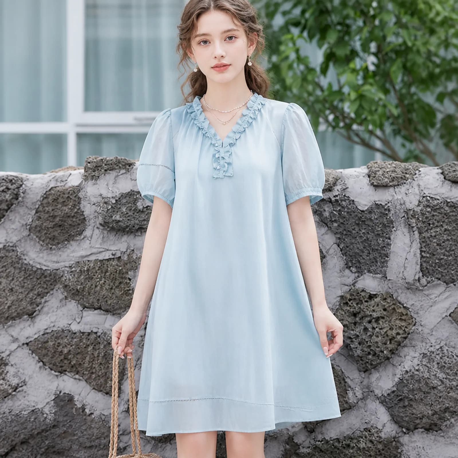 AI photoshoot frame of a pale blue ruffle-neck shift dress by a stone wall
