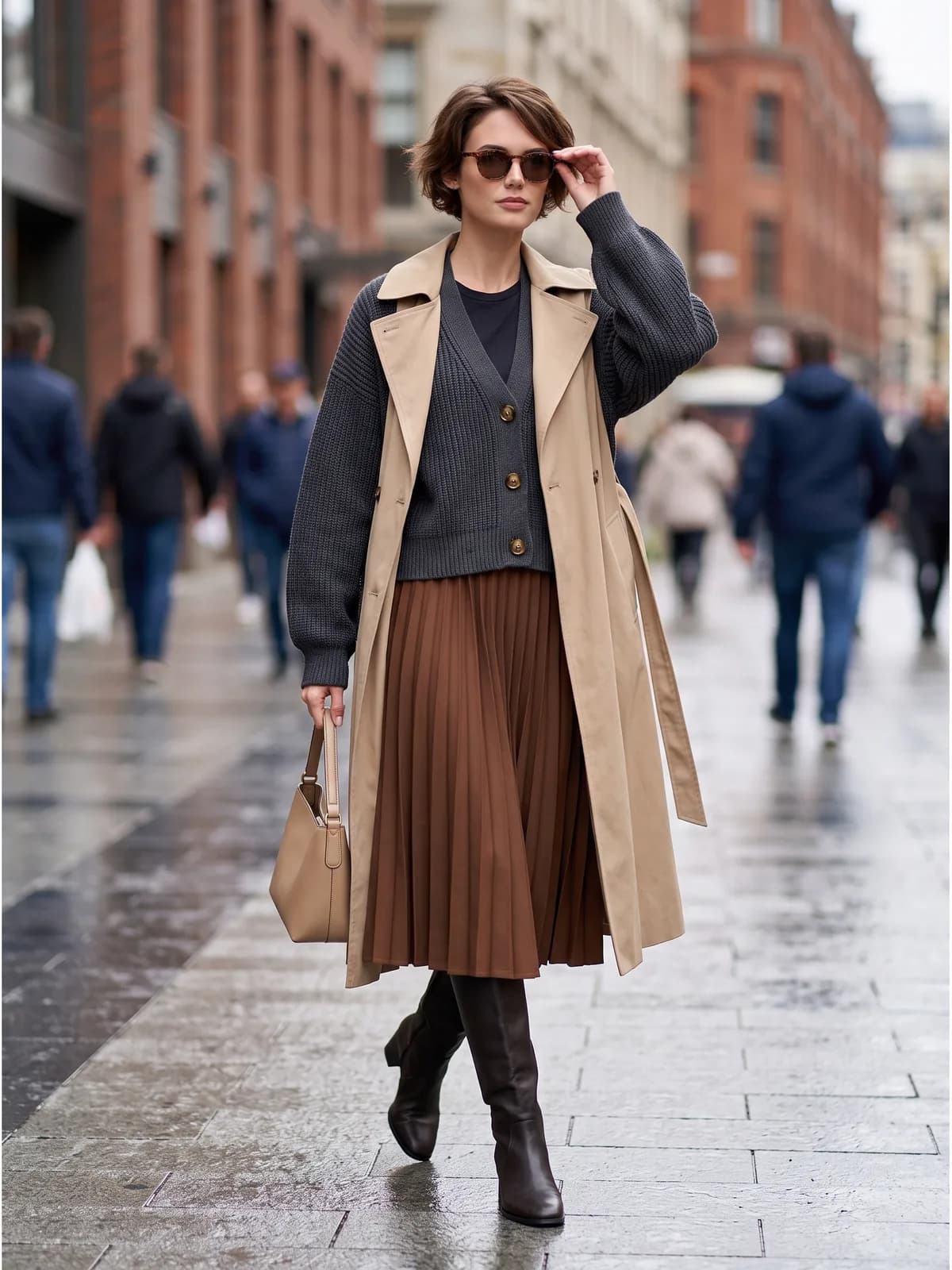 AI photoshoot frame of a camel trench coat and brown pleated skirt on a city street