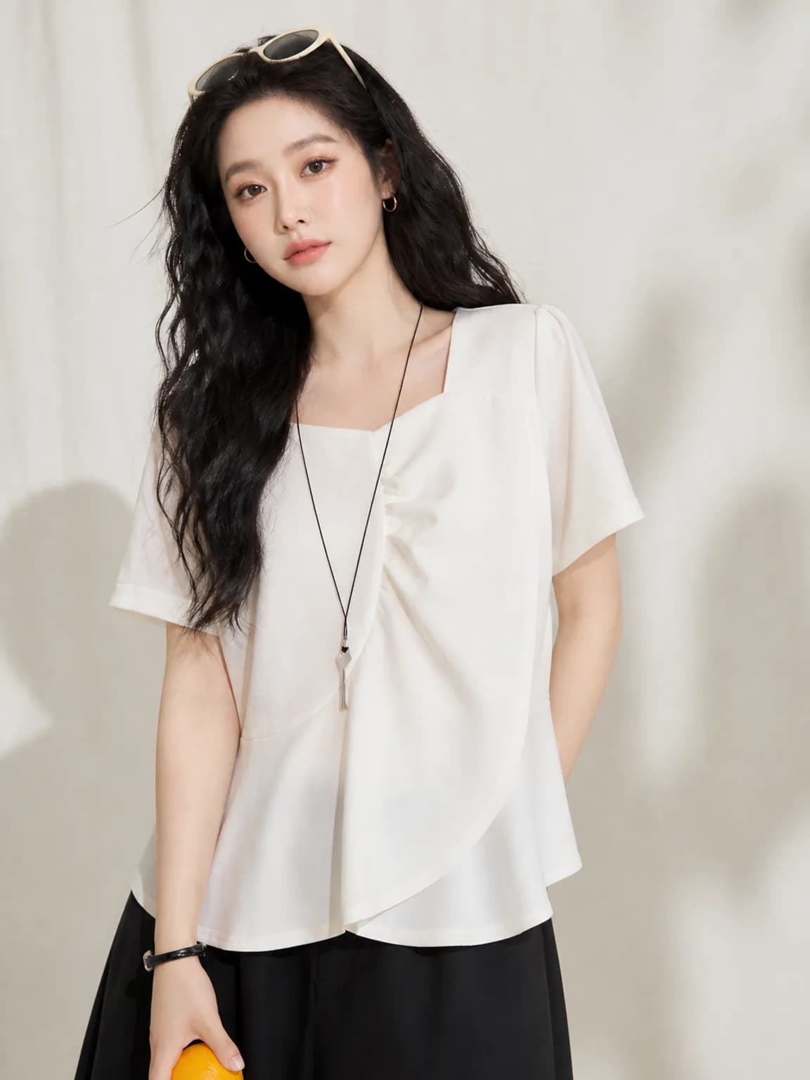 Ivory gathered-front top re-rendered with different hair and styling