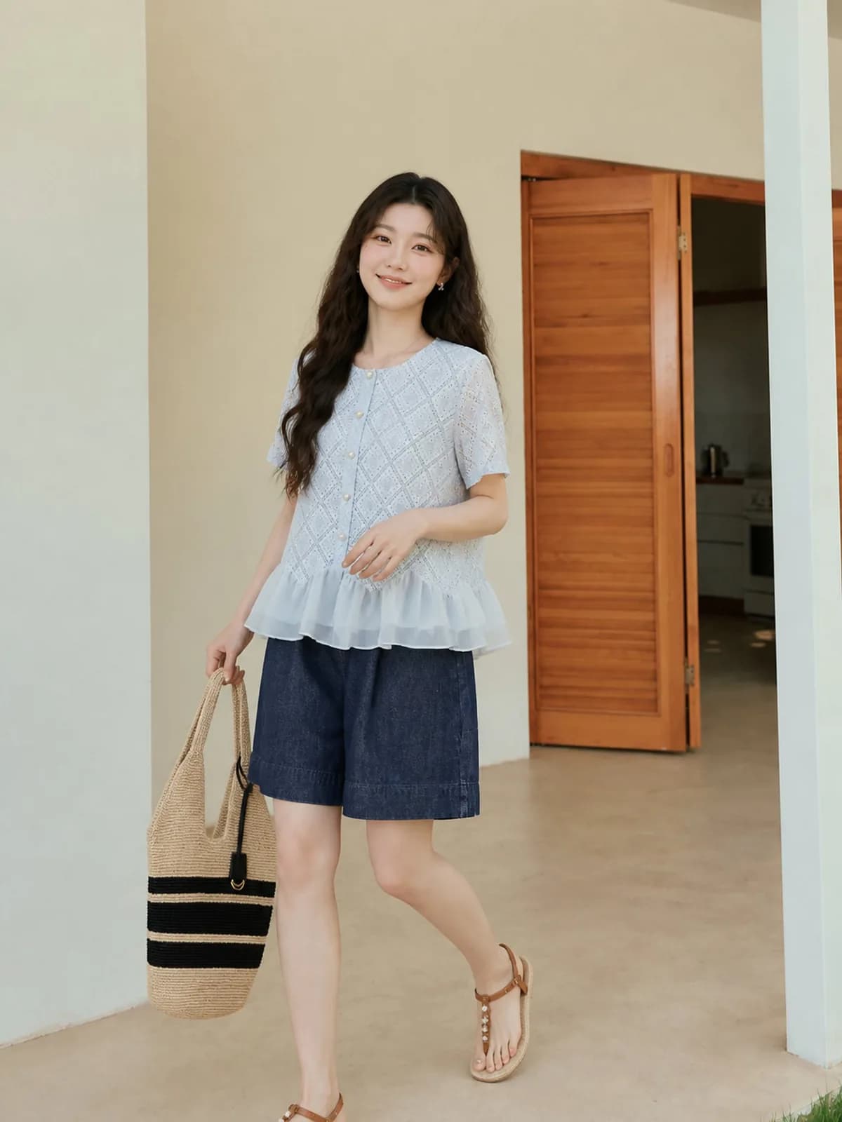Pale blue eyelet-lace top with a chiffon ruffle hem, shot in a corridor