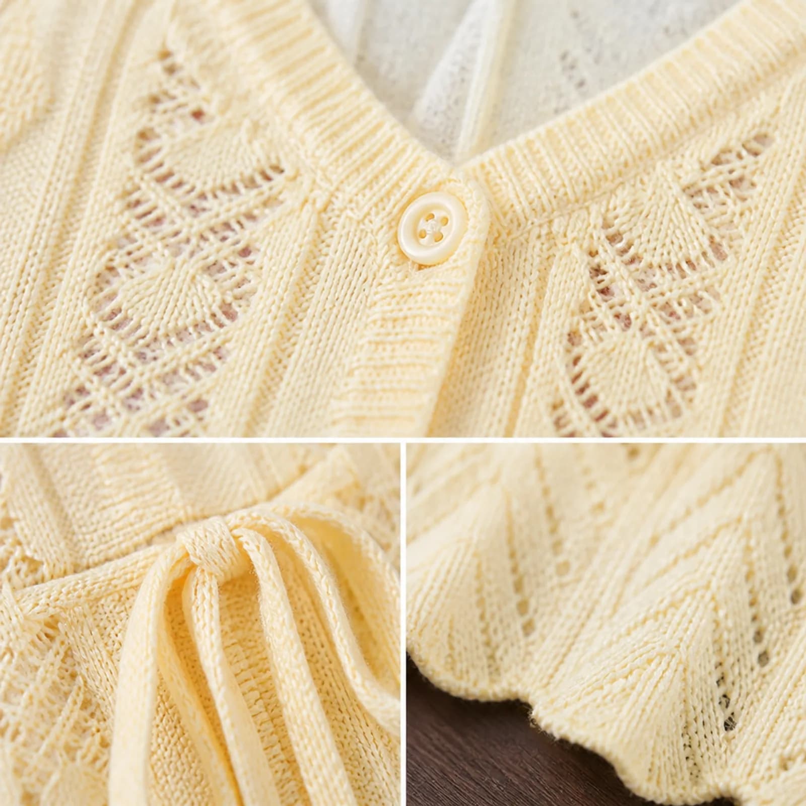 Close-up details of a pale yellow openwork knit top: button, drawstring and scalloped hem