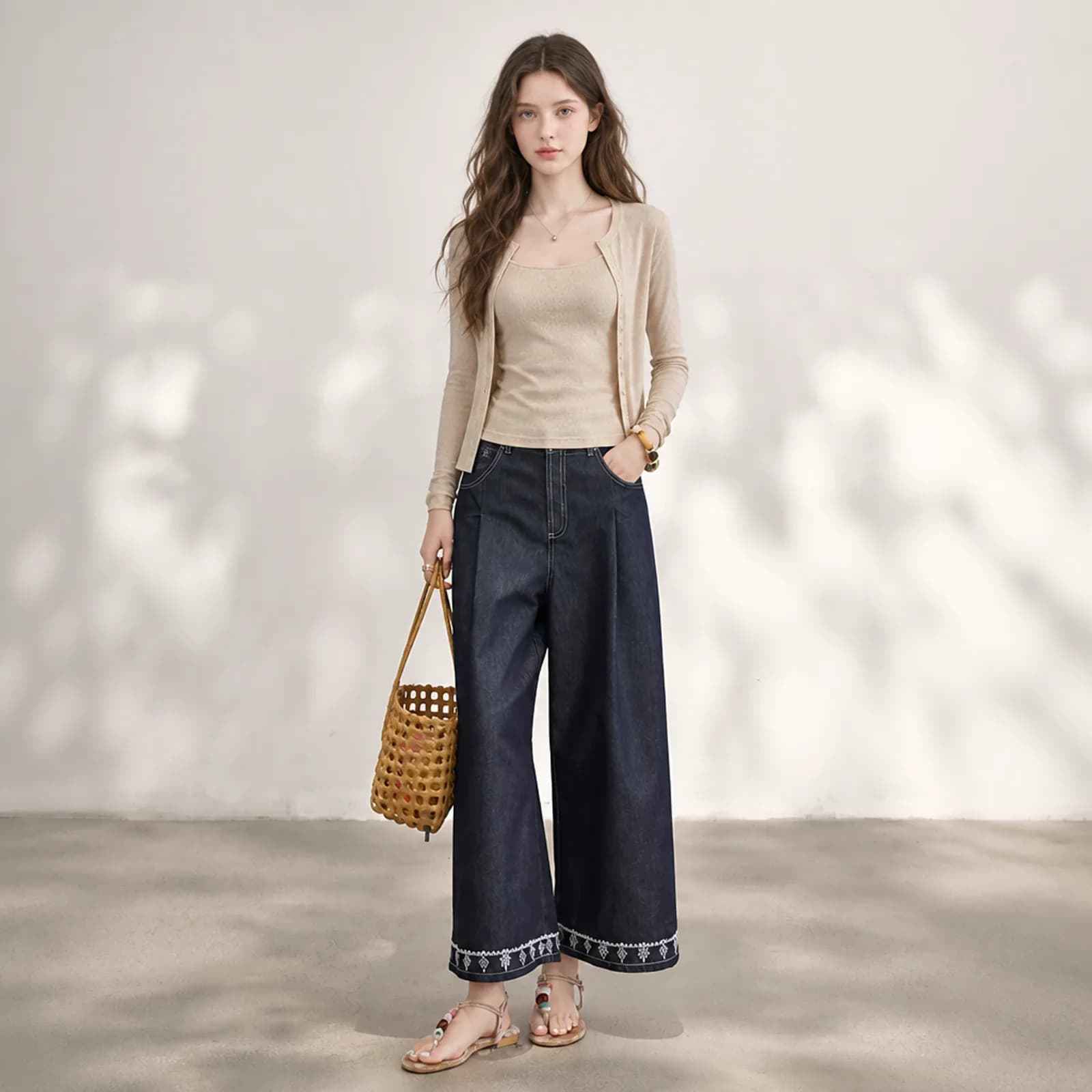 Beige cami and cardigan set on an AI model with dark wide-leg jeans, full length