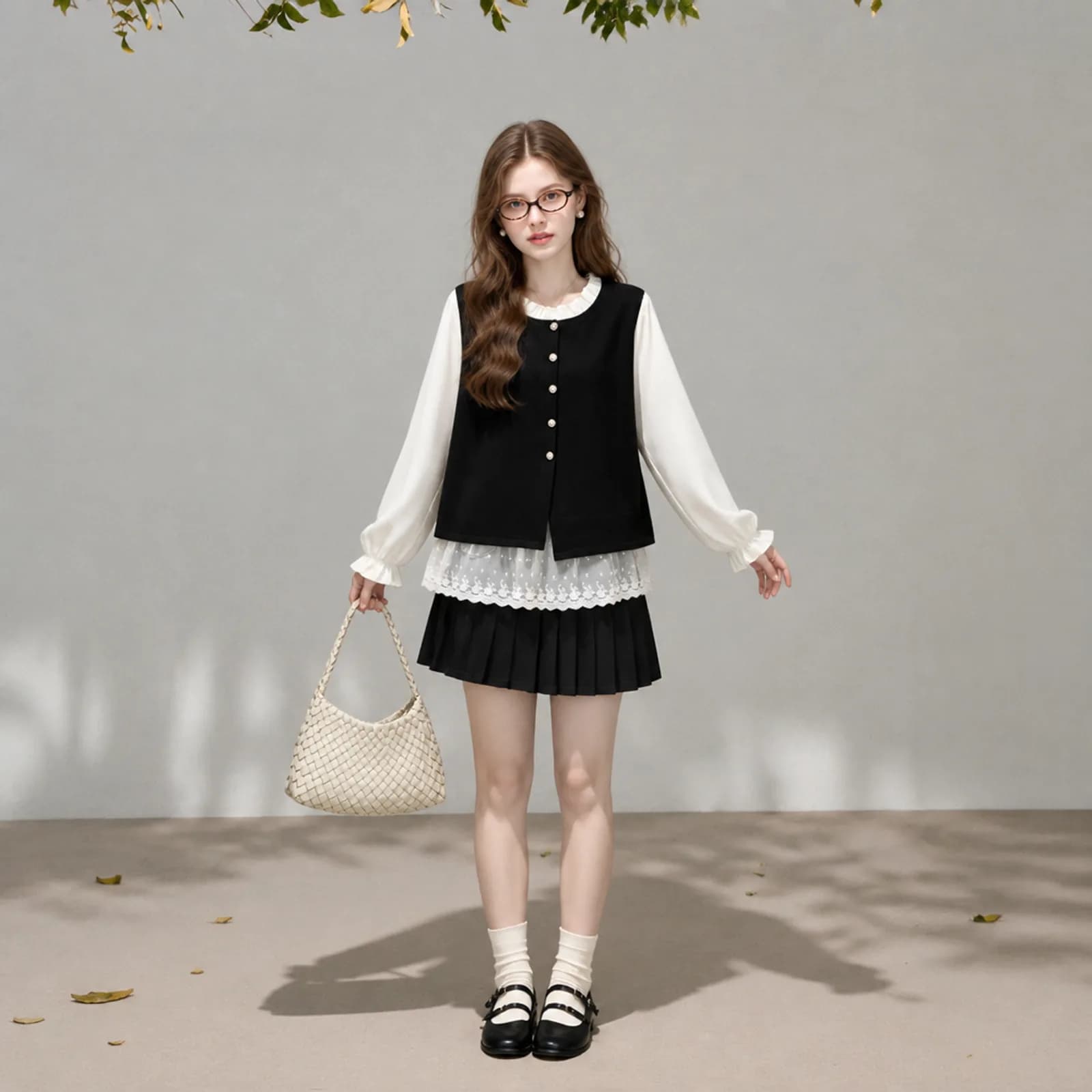 AI model wearing a black button-front vest over a cream ruffle-collar blouse with a lace hem and black pleated skirt