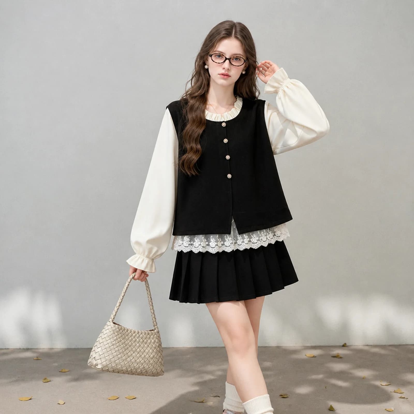 Closer view of a black button vest over a cream ruffle-collar blouse on an AI model