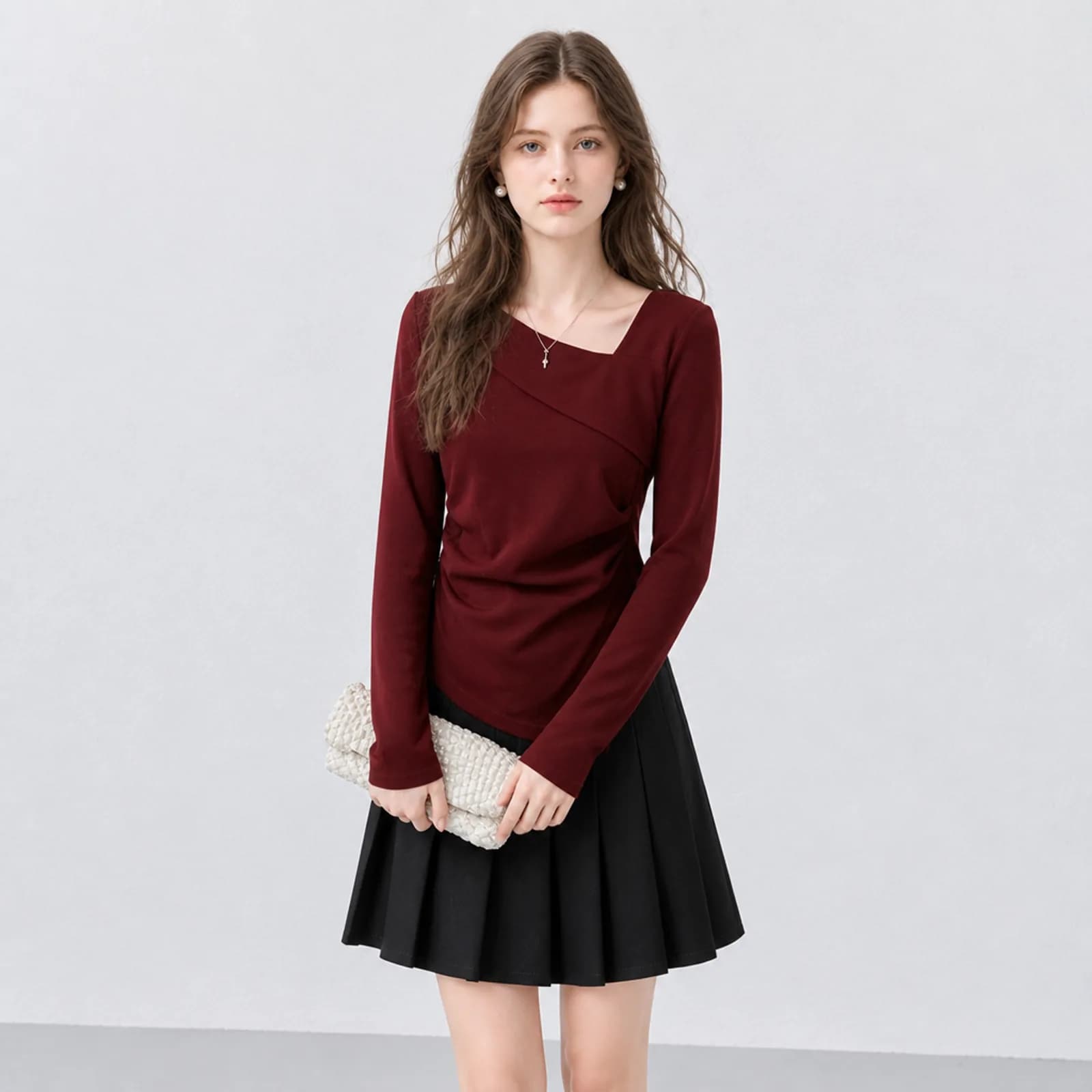 Burgundy asymmetric-neckline top on an AI model for an Amazon clothing listing