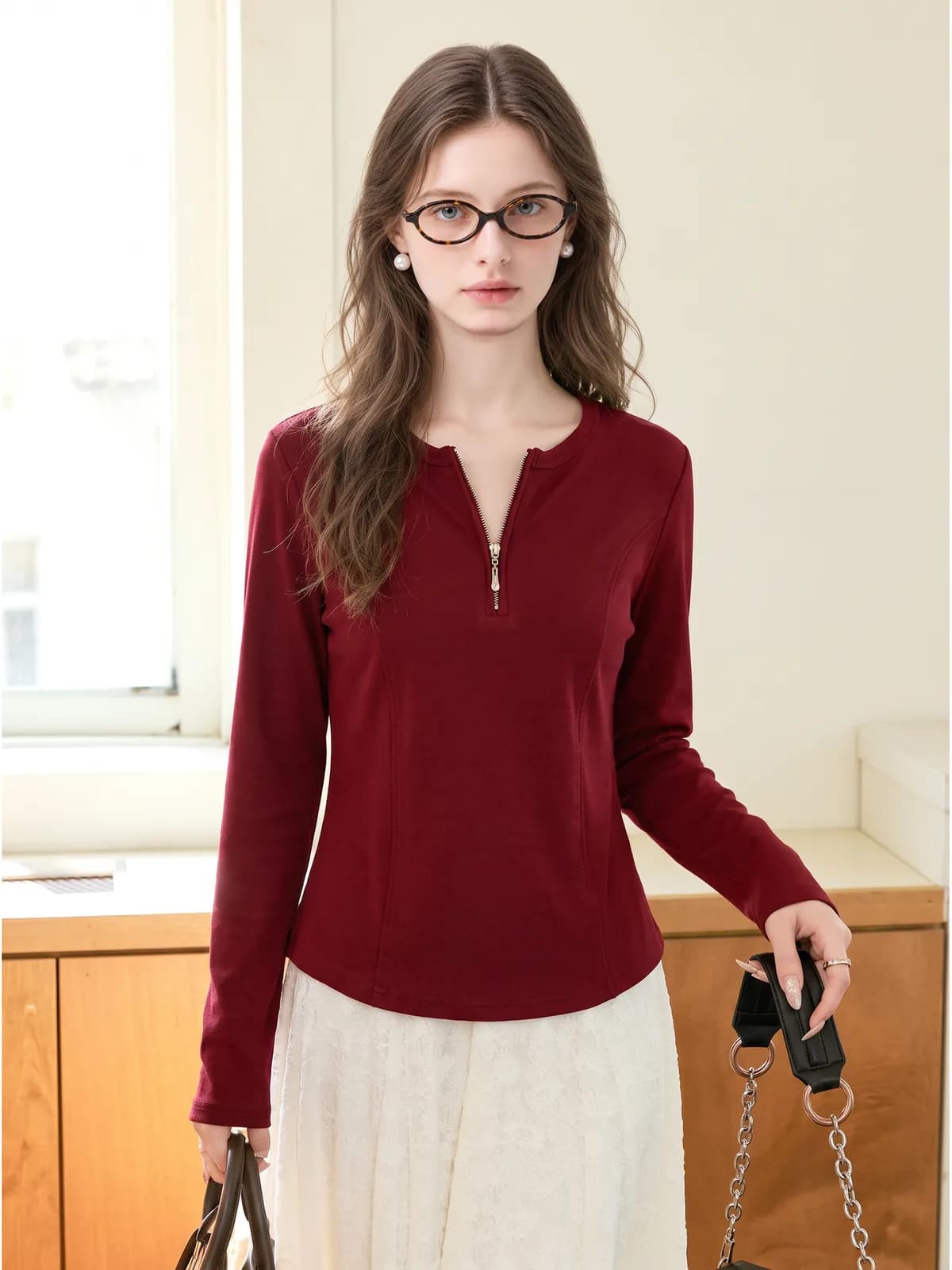 Burgundy quarter-zip top on an AI model, Amazon lifestyle gallery image
