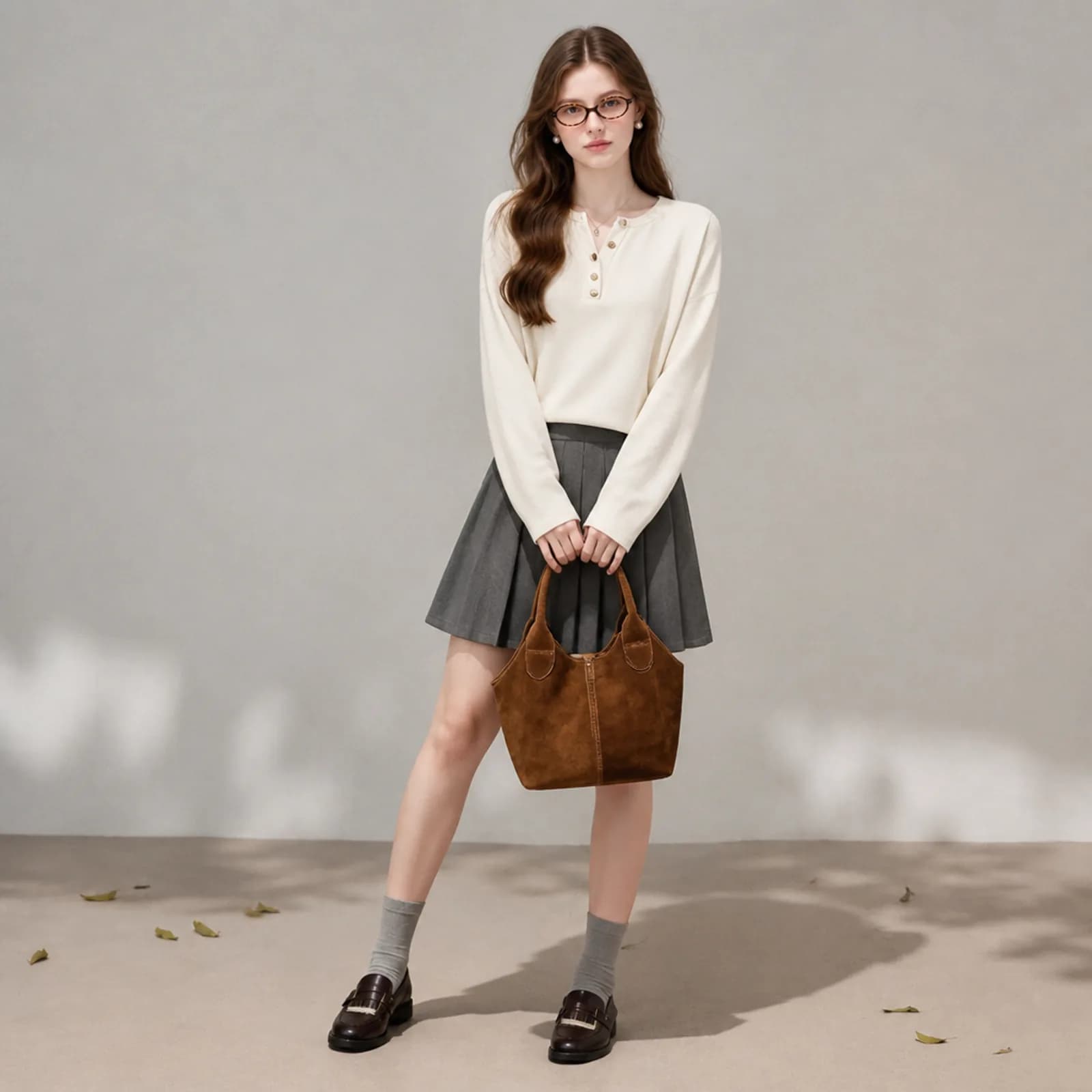 Cream henley knit and grey pleated skirt on an AI model for an Amazon listing