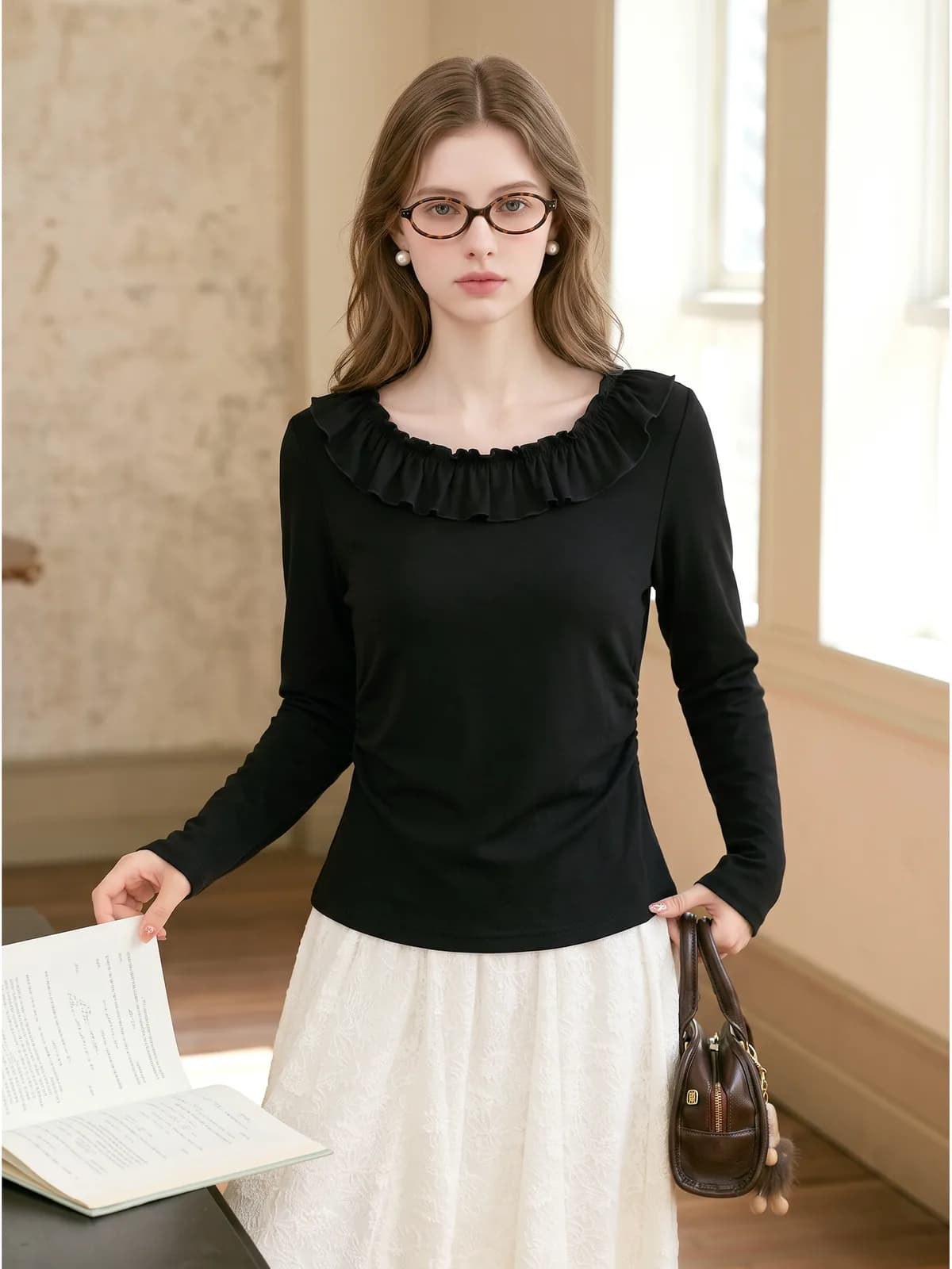 Black ruffle-neck top on an AI model, Etsy handmade clothing listing photo