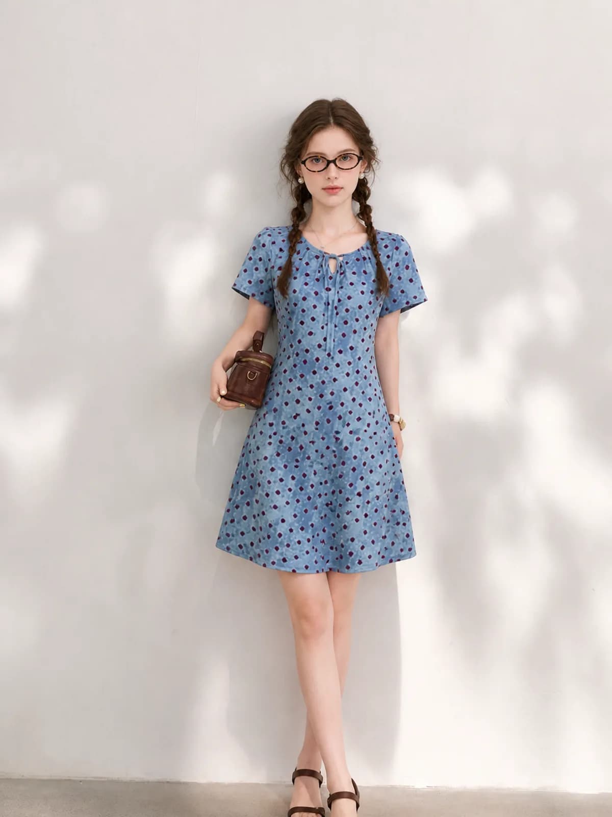 Blue diamond-print tie-neck dress on an AI model, Etsy listing style