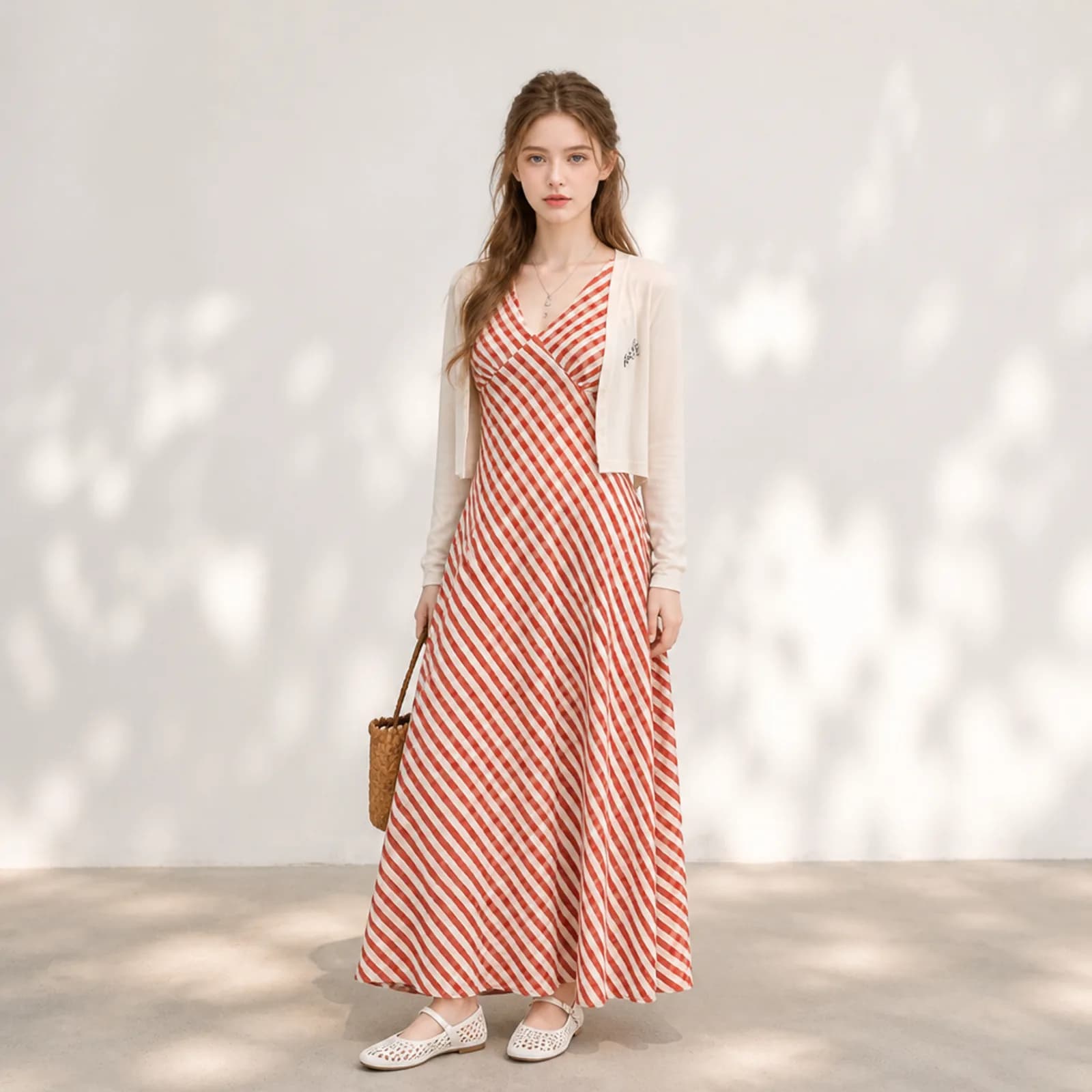 Red gingham maxi dress with a cream cardigan on an AI model, Etsy listing style
