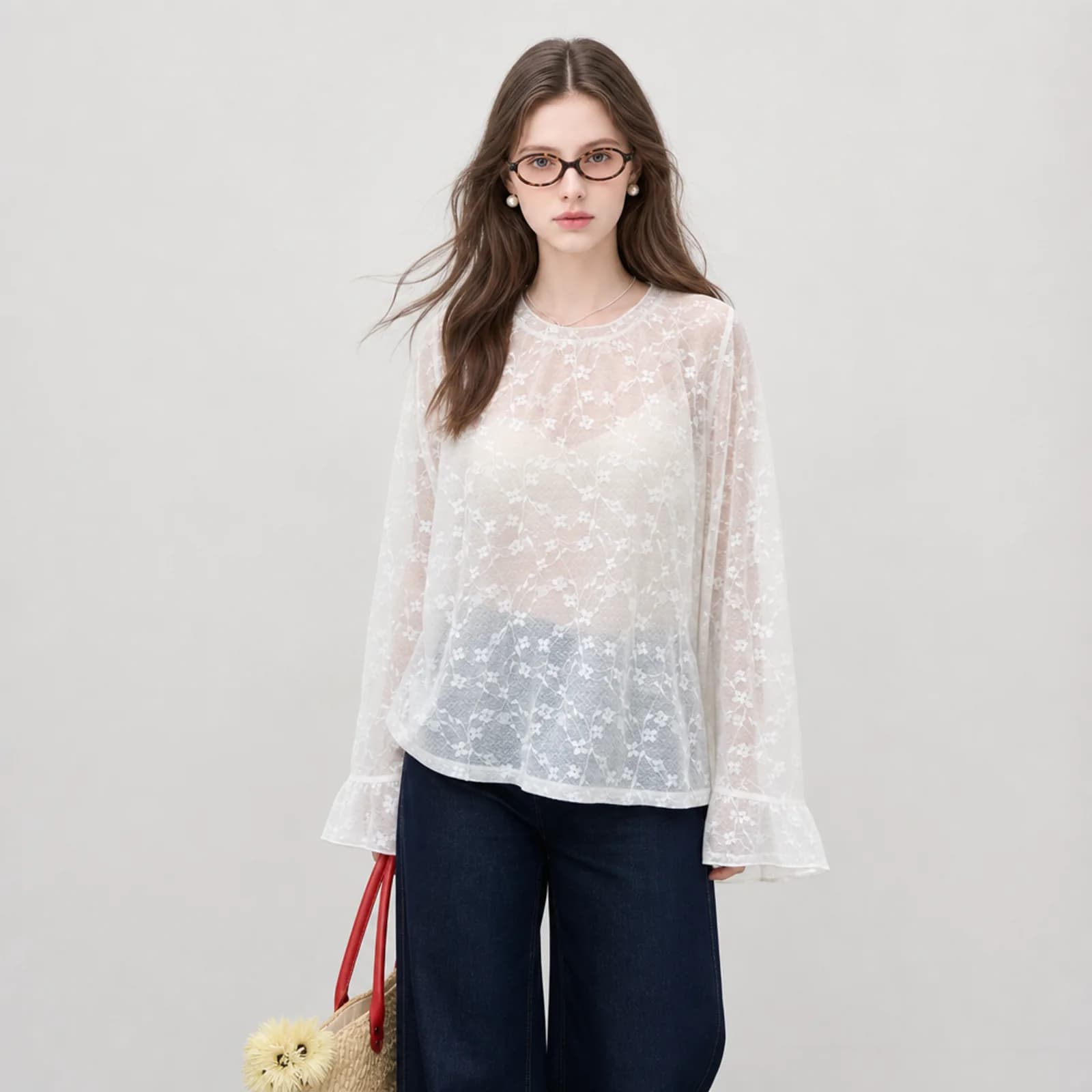 Sheer ivory floral lace blouse on an AI model, Etsy clothing listing photo