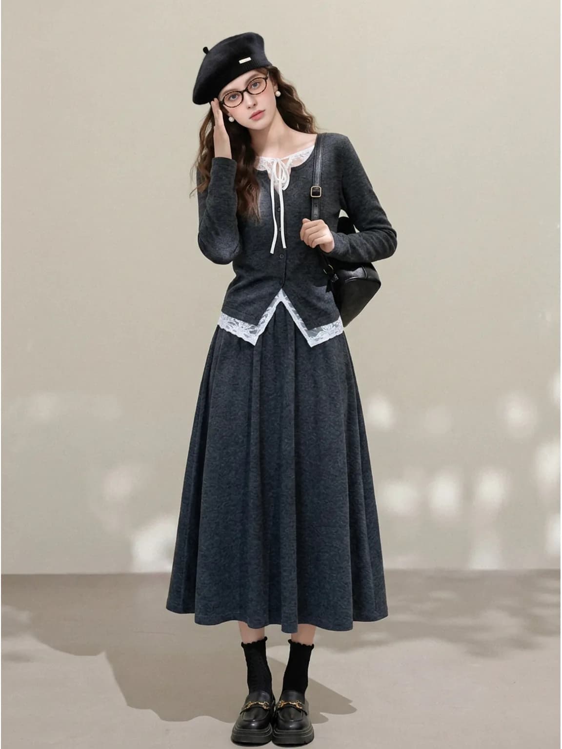 Product to model AI image of a black wool beret worn tilted