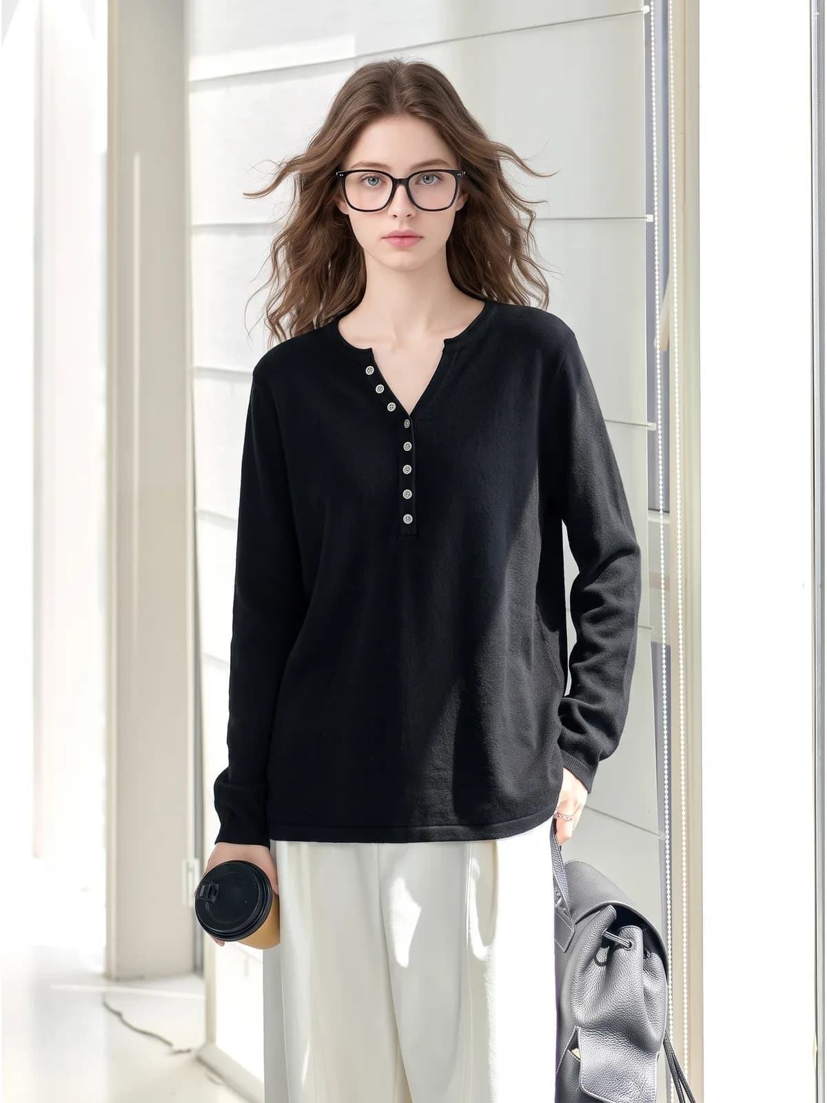 Product to model AI image of thick black-frame rectangular glasses