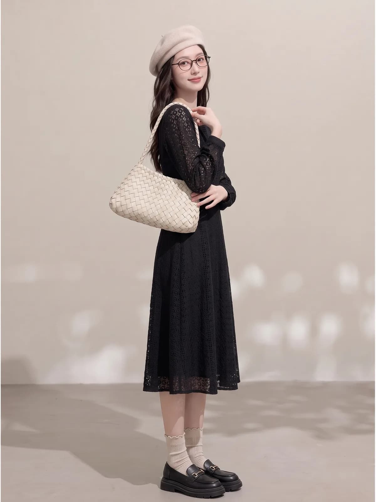 Product to model AI image of a cream woven shoulder bag and matching beret