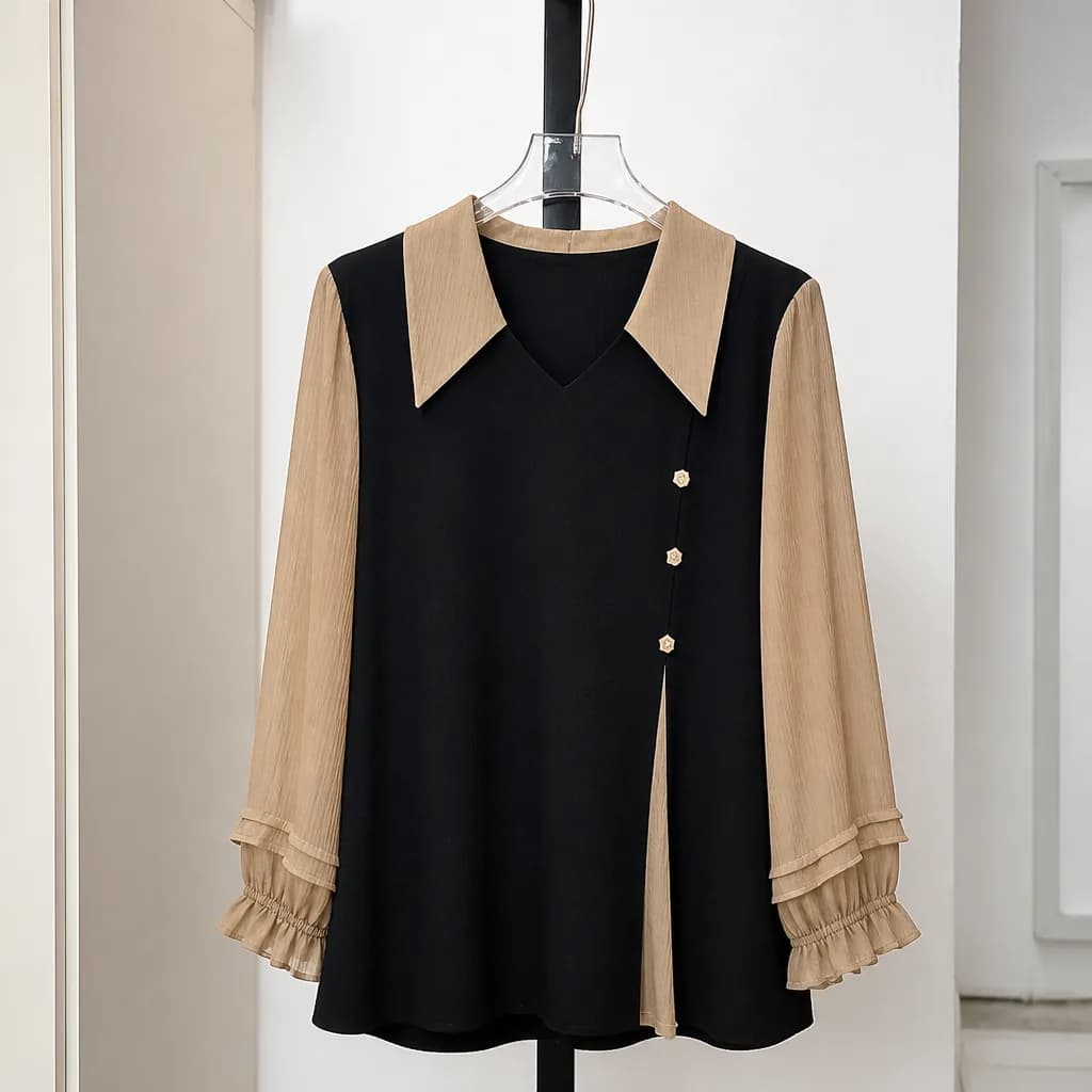 Black and camel colourblock blouse photographed on a hanger, reseller input photo