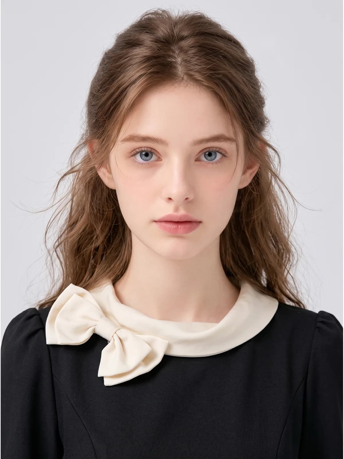 Close-up of a cream bow collar on a black dress, resale listing detail photo