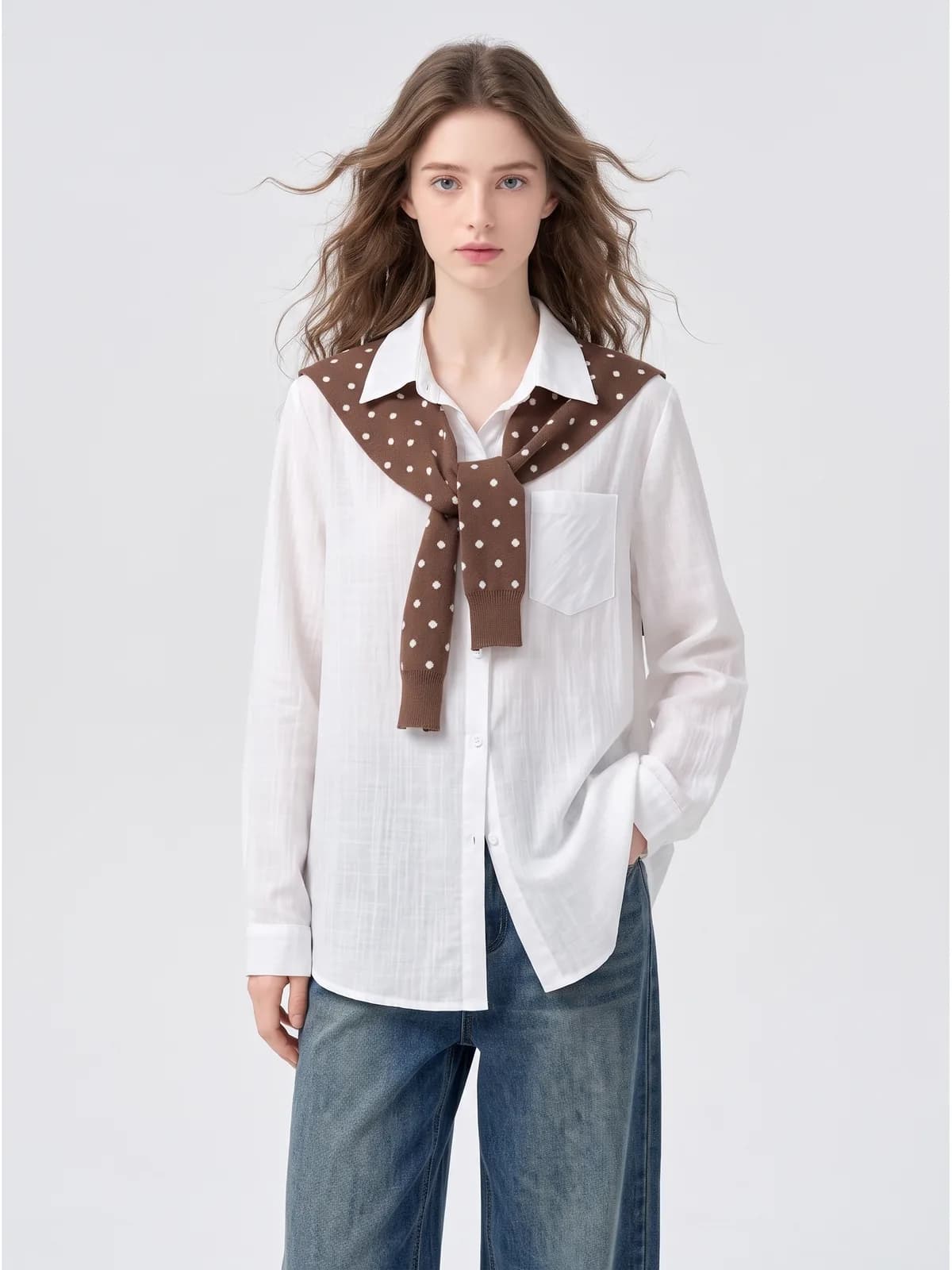 White shirt styled with a brown polka-dot knit, vintage reseller listing photo