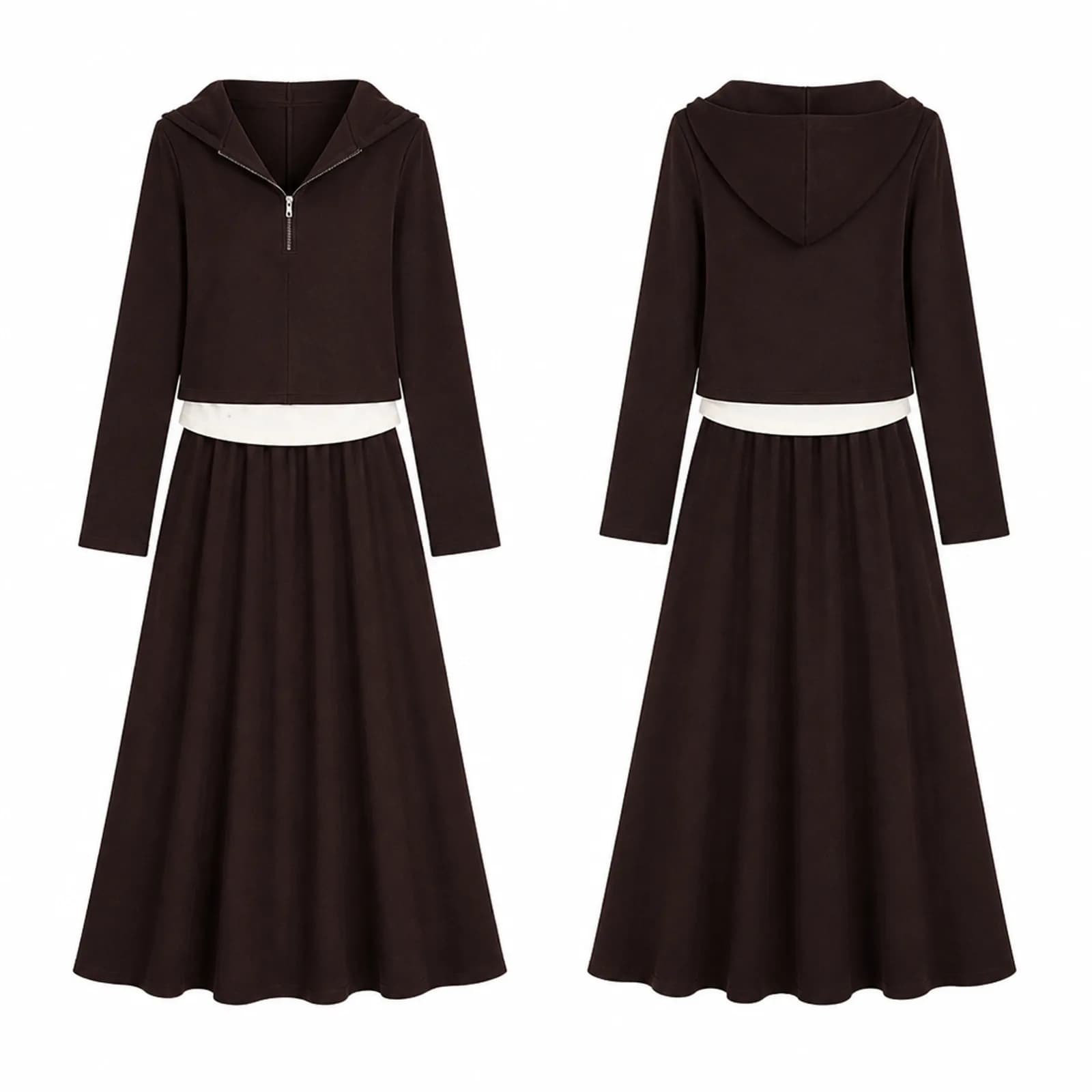White background photo of a brown hooded zip top and matching maxi skirt set