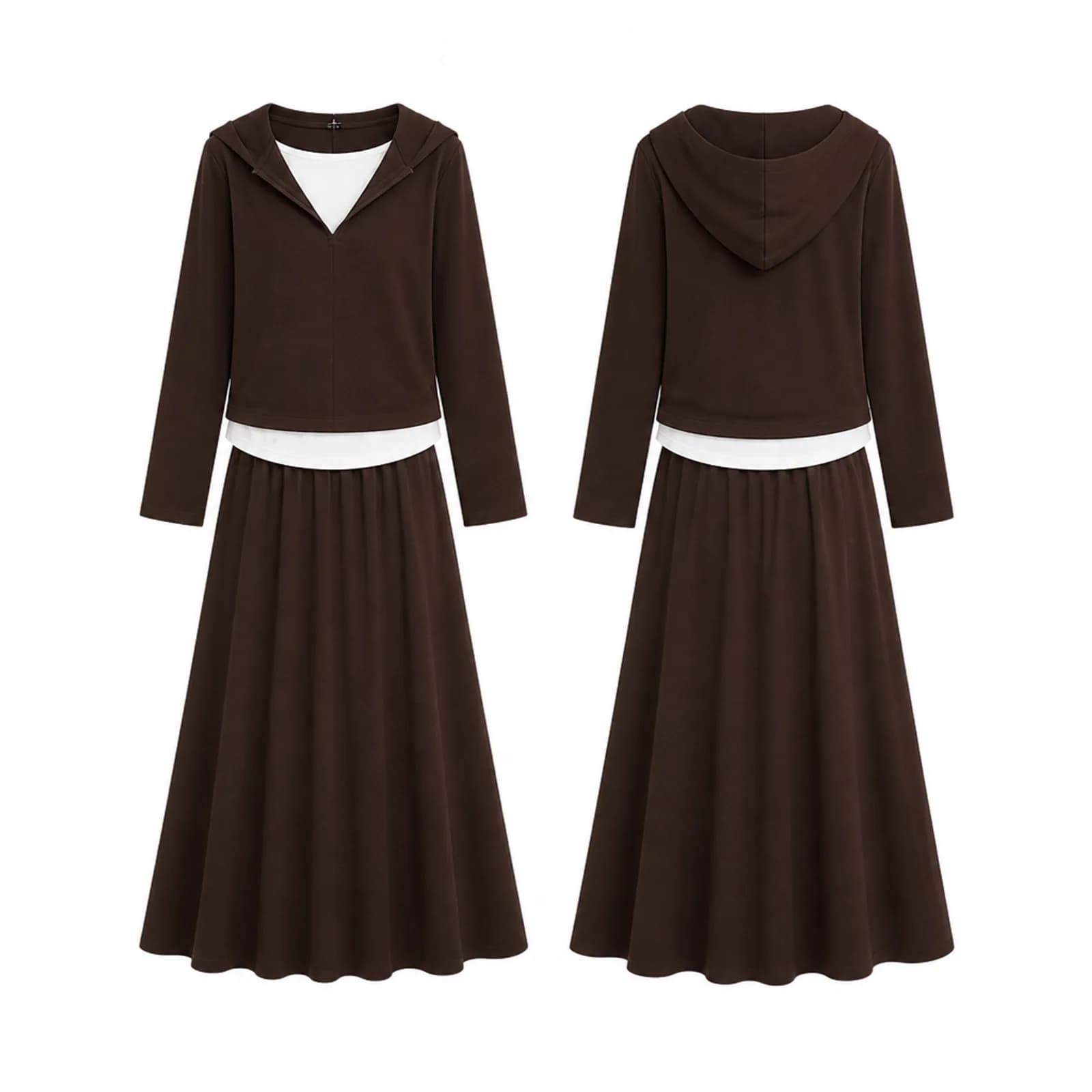 White background photo of a brown V-neck hooded top and skirt set