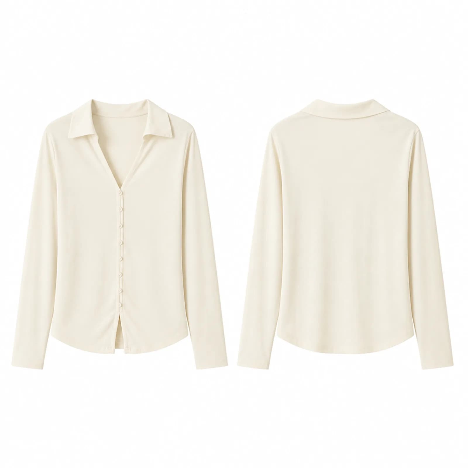 White background photo of a cream collared button-front top, front and back