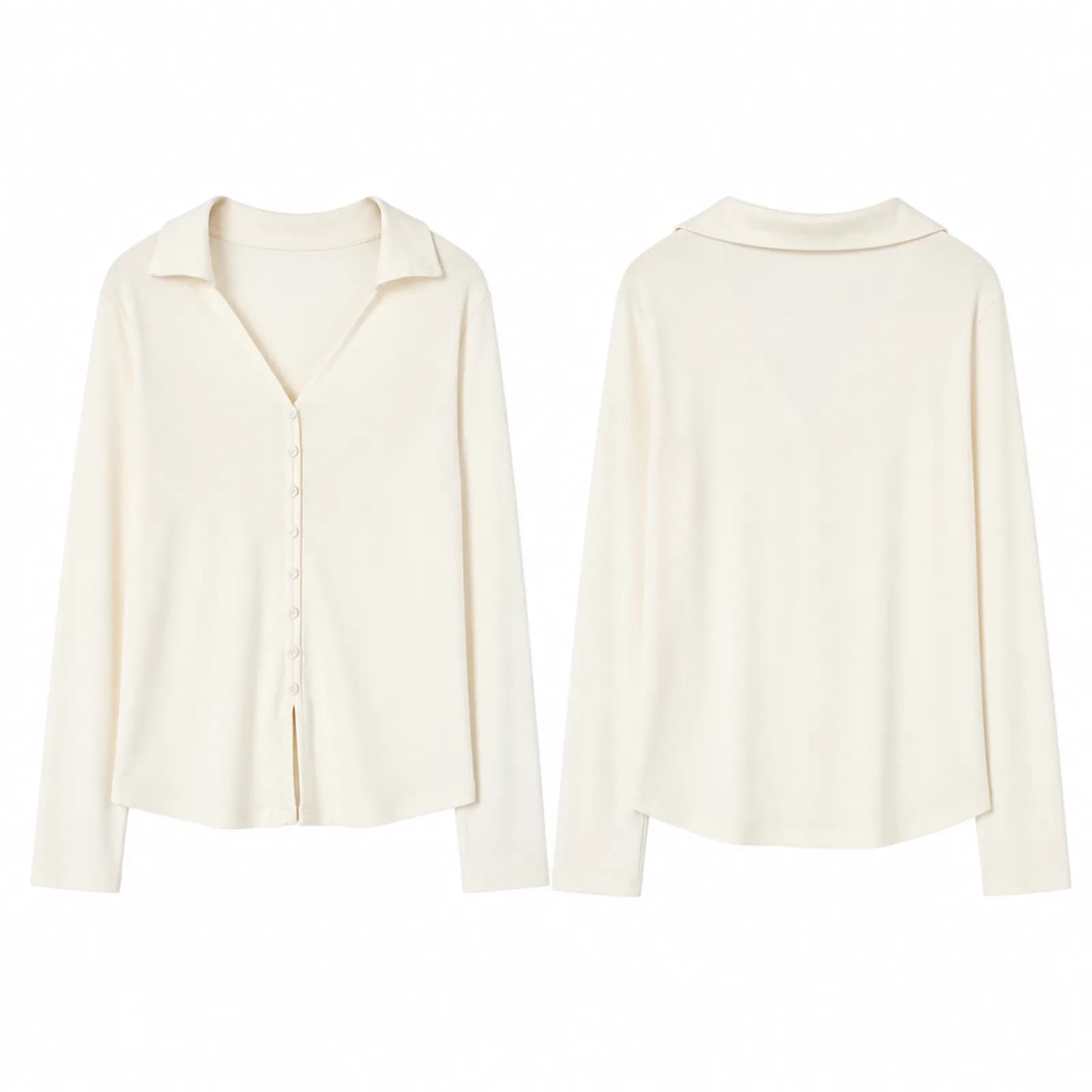Second white background generation of the same cream collared button-front top, front and back