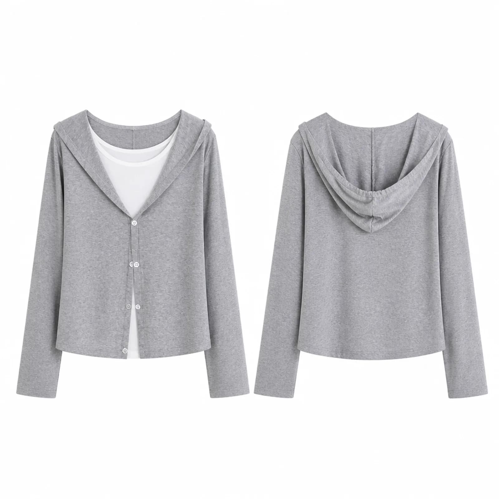 White background photo of a grey hooded cardigan over a white tee