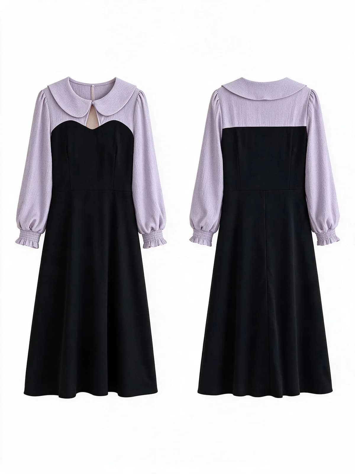 White background photo of a lavender and black colourblock midi dress, front and back